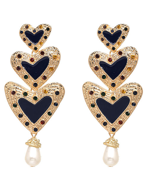 Fashion Black Diamond Three-layer Heart-shaped Earrings