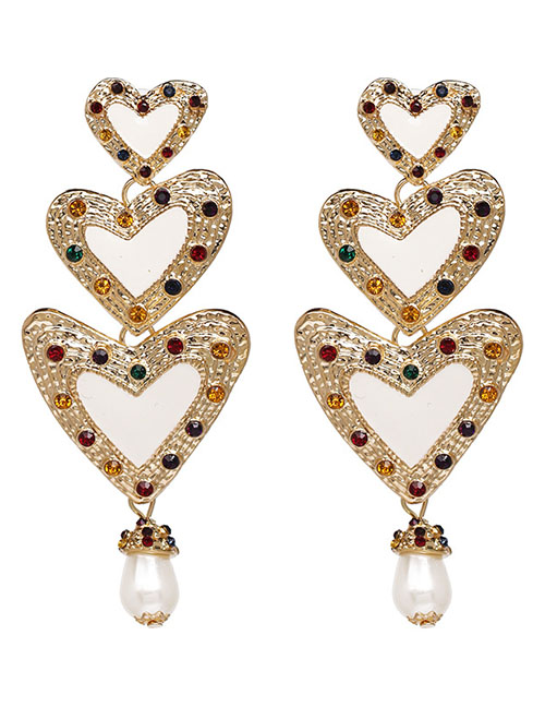 Fashion White Diamond Three-layer Heart-shaped Earrings
