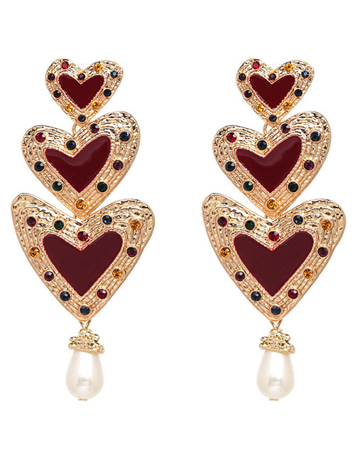 Fashion Dark Red Diamond Three-layer Heart-shaped Earrings