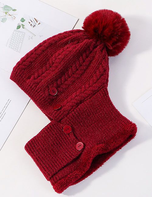 Fashion Red Wine Siamese Face And Velvet Button Wool Cap