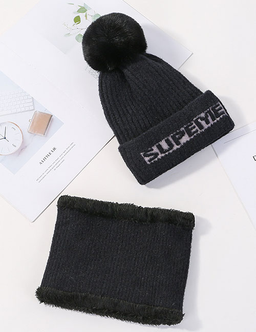 Fashion Black Letter Knit Wool Hat Bib Two-piece