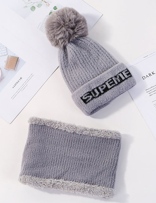 Fashion Gray Letter Knit Wool Hat Bib Two-piece