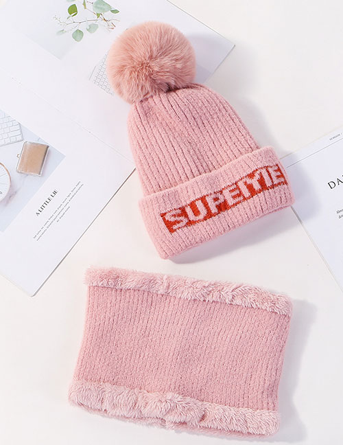 Fashion Light Pink Letter Knit Wool Hat Bib Two-piece