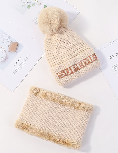 Fashion Beige Letter Knit Wool Hat Bib Two-piece