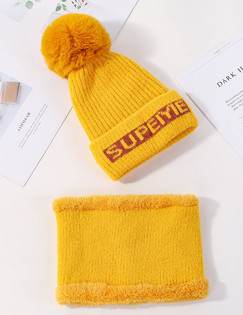 Fashion Yellow Letter Knit Wool Hat Bib Two-piece