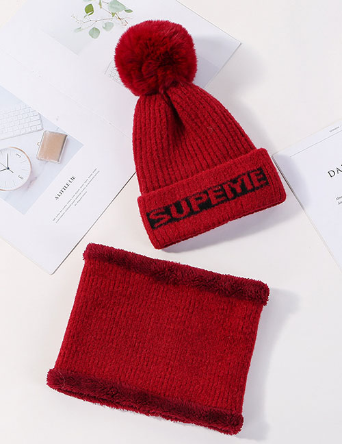 Fashion Red Wine Letter Knit Wool Hat Bib Two-piece