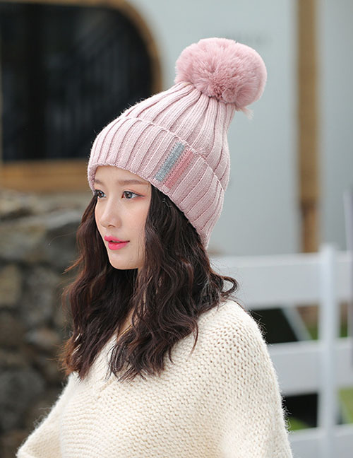 Fashion Light Pink Contrast Striped Knit Wool Hat