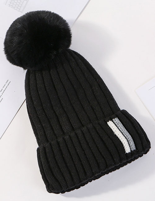 Fashion Black Contrast Striped Knit Wool Hat