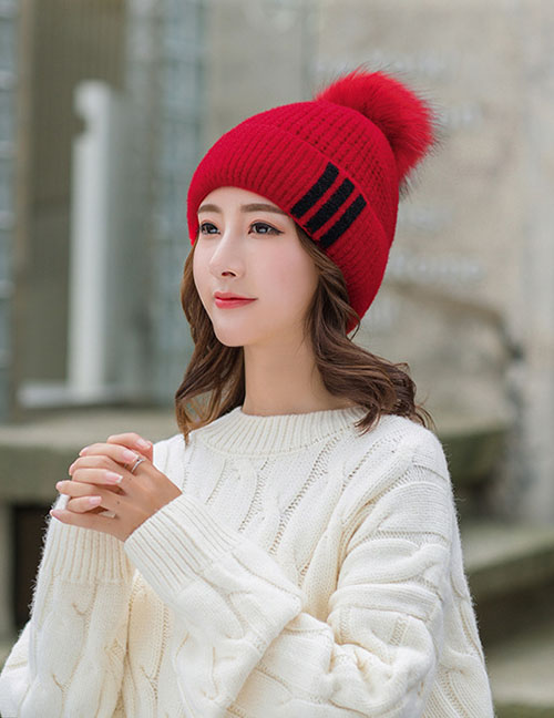 Fashion Red Plush Knitted Three-bar Wool Cap