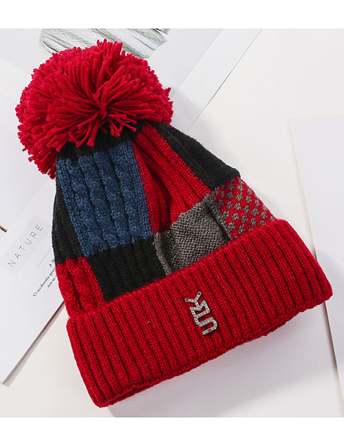 Fashion Red Plush Knit Colorblock Plaid Wool Cap