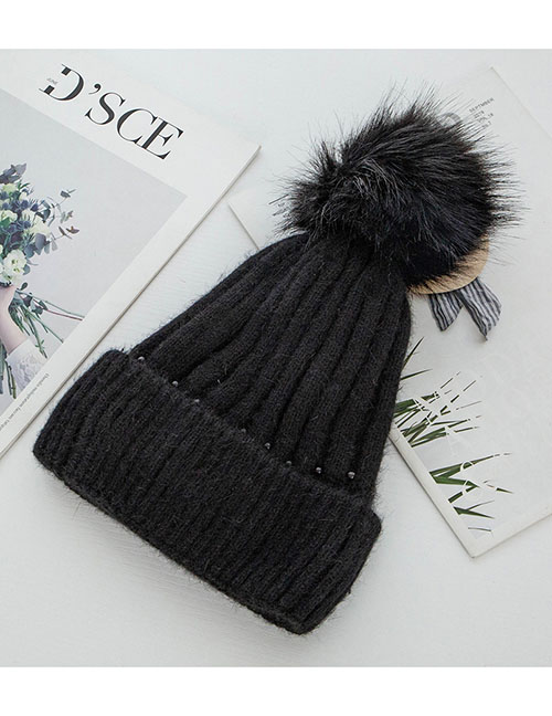 Fashion Black Rabbit Fur Knit Double Plus Fluffy Ball Wool Cap