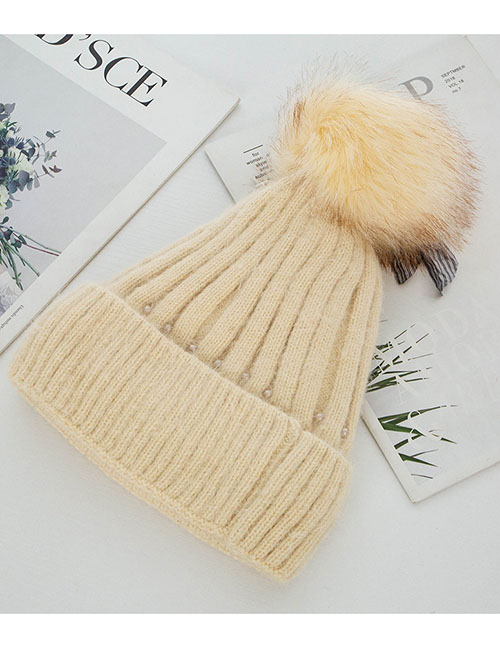 Fashion Beige Rabbit Fur Knit Double Plus Fluffy Ball Wool Cap