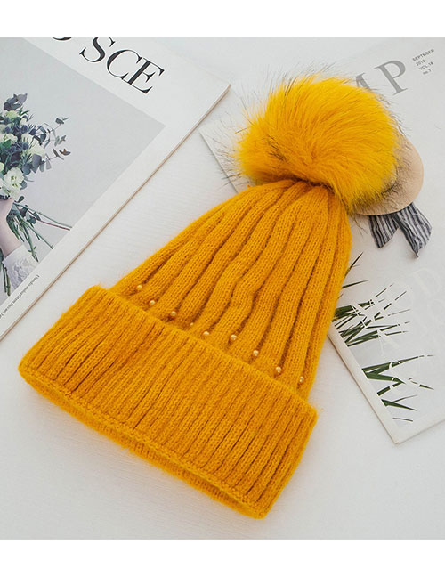 Fashion Yellow Rabbit Fur Knit Double Plus Fluffy Ball Wool Cap