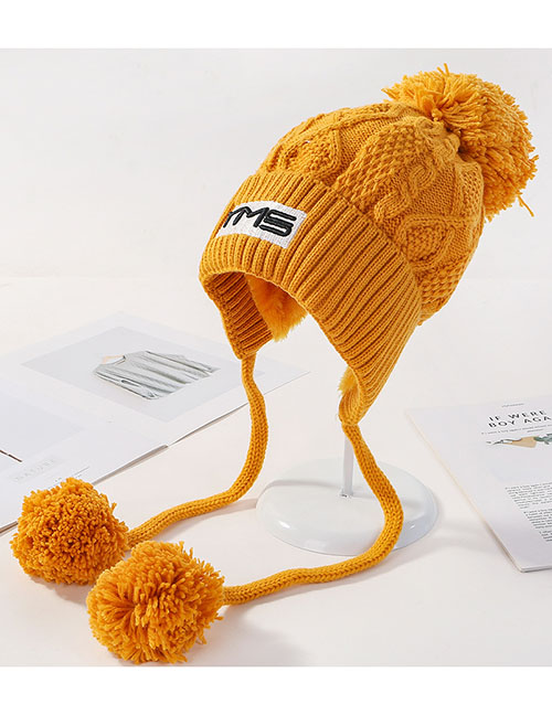 Fashion Yellow Letter Knit Plus Velvet Three Hair Ball Wool Cap