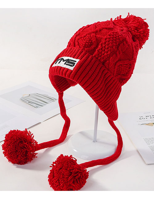 Fashion Red Letter Knit Plus Velvet Three Hair Ball Wool Cap