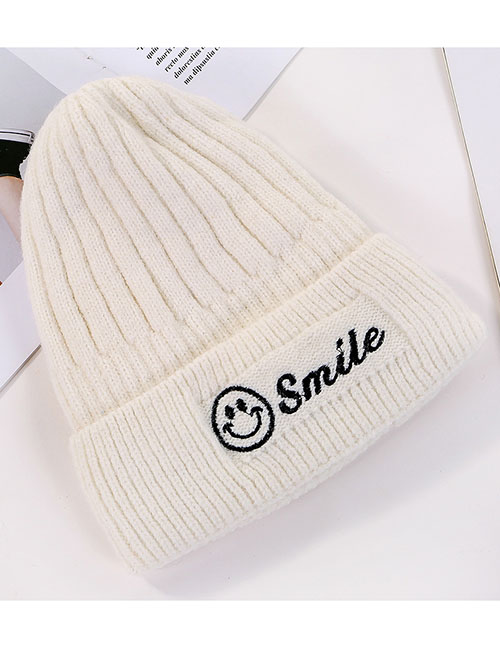 Fashion Coffee Color Smiley Embroidery Wool Cap