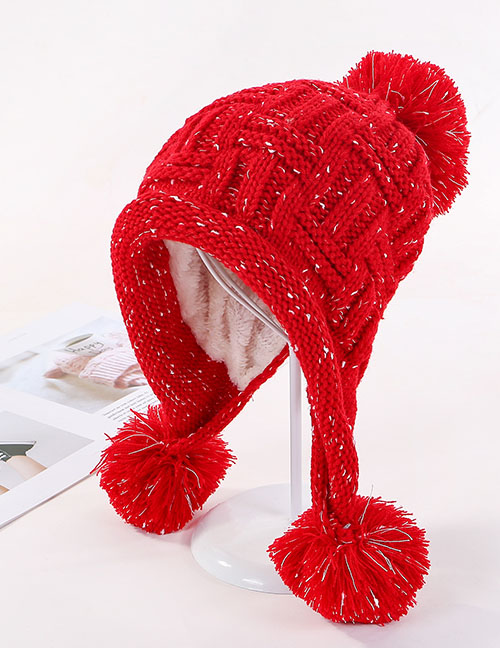 Fashion Red Plus Velvet Three Hair Ball Wool Cap