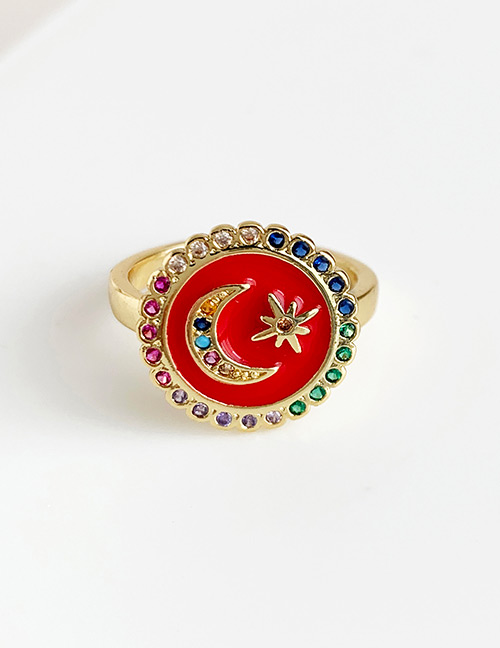 Fashion Red Copper Inlay Zircon Crescent Ring