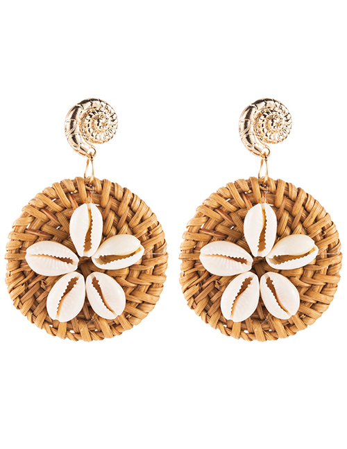 Fashion Brown Multilayer Alloy Conch Shell Flower Rattan Woven Earrings