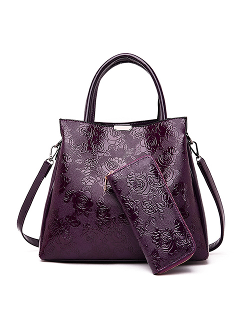 Fashion Purple Plus Wallet Rose Pattern Portable Slung Shoulder Bag