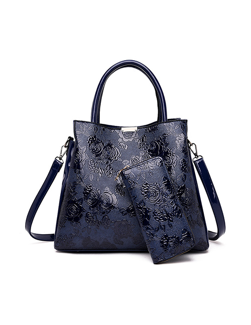Fashion Blue Plus Wallet Rose Pattern Portable Slung Shoulder Bag
