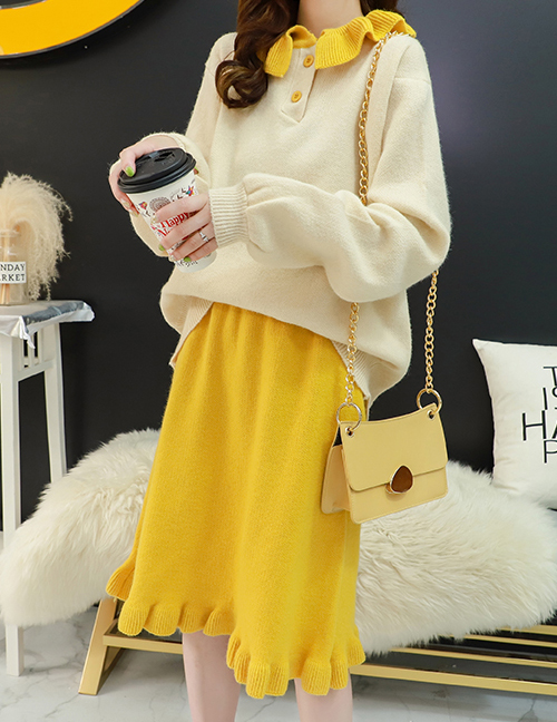 Fashion Yellow Contrast Ruffled Sweater Skirt Two-piece Suit