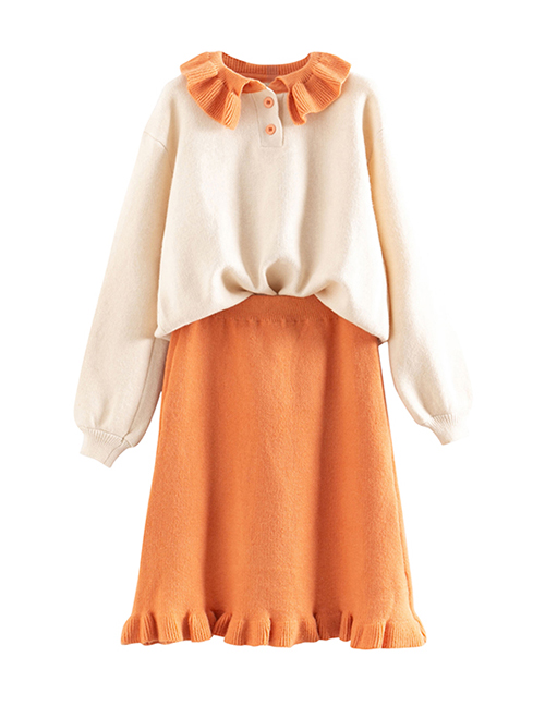 Fashion Orange Contrast Ruffled Sweater Skirt Two-piece Suit