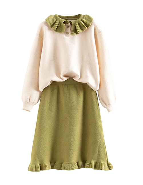 Fashion Green Contrast Ruffled Sweater Skirt Two-piece Suit