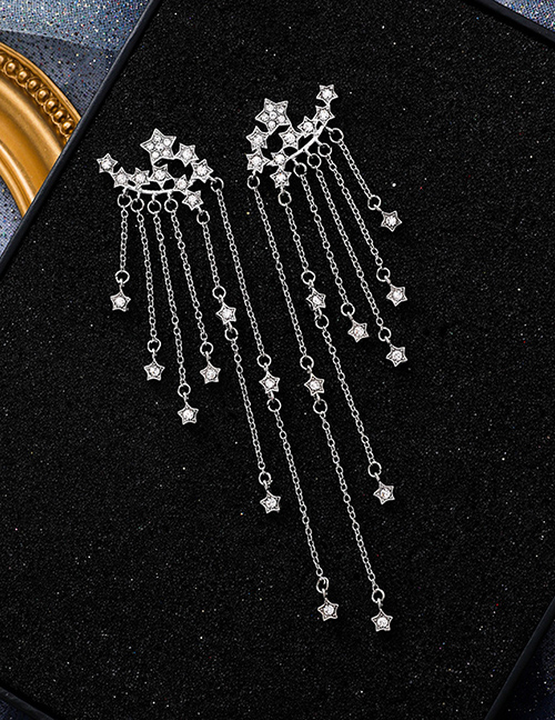 Fashion Silver  Silver Needle Star Multilayer Tassel Earrings