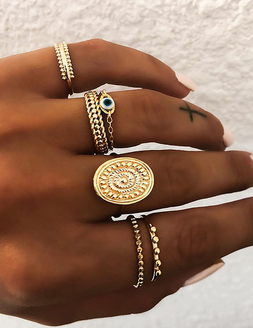 Fashion Gold Eye Chain Shield Ring Set Of 6