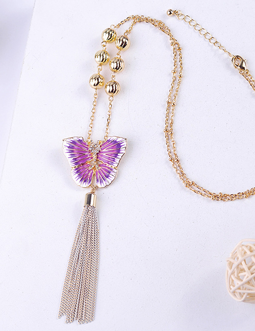 Fashion Purple Crystal Diamond Alloy Drop Glazed Butterfly Tassel Necklace