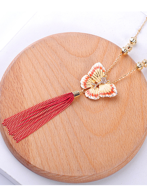 Fashion Red Crystal Diamond Alloy Drop Glazed Butterfly Tassel Necklace