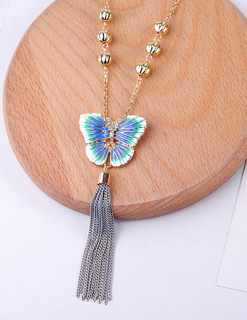 Fashion Blue Crystal Diamond Alloy Drop Glazed Butterfly Tassel Necklace