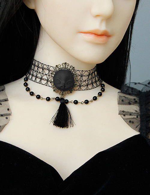 Fashion Black Human Head Faux Pearl Tassel Necklace