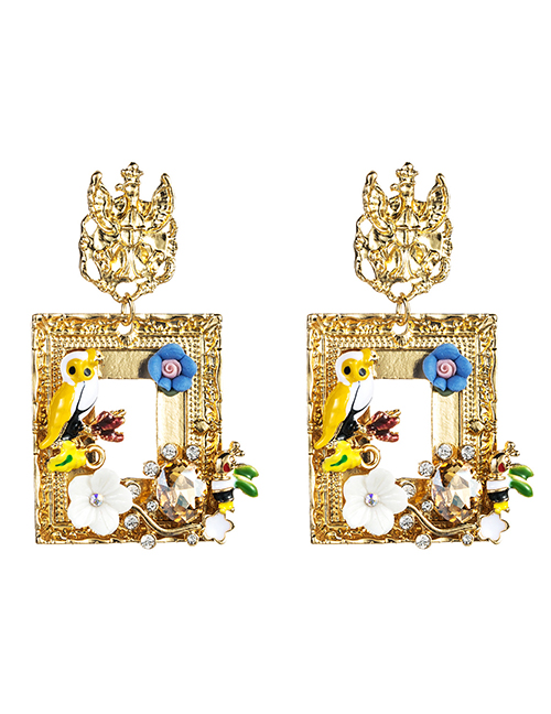 Fashion Gold Color Square Alloy Drop Oil Bird Resin Floral Diamond  Silver Needle Earrings