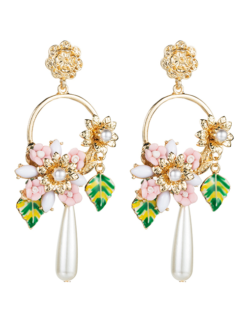 Fashion Gold Color Multilayer Alloy Drop Oil Leaf Resin Flower Imitation Pearl Earrings
