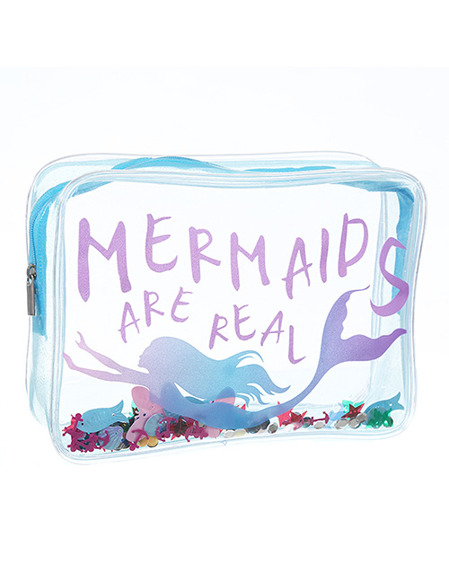 Fashion Light Blue Mermaid Pvc Transparent Cartoon Glitter Sequin Cosmetic Bag