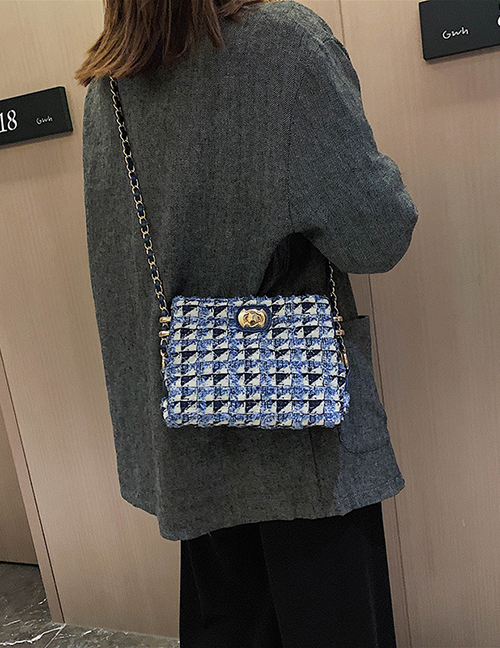 Fashion Blue Woolen Plaid Chain Crossbody Shoulder Bag