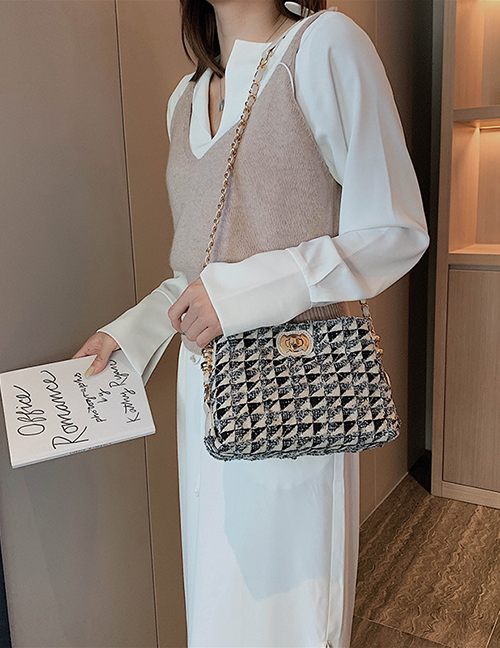 Fashion Creamy-white Woolen Plaid Chain Crossbody Shoulder Bag