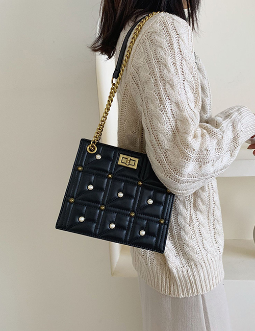 Fashion Black Pearl Chain Pu Slung Shoulder Bag