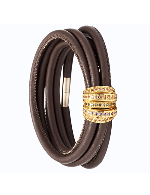 Fashion Brown Copper Inlaid Zirconium Multi-turn Leather Bracelet