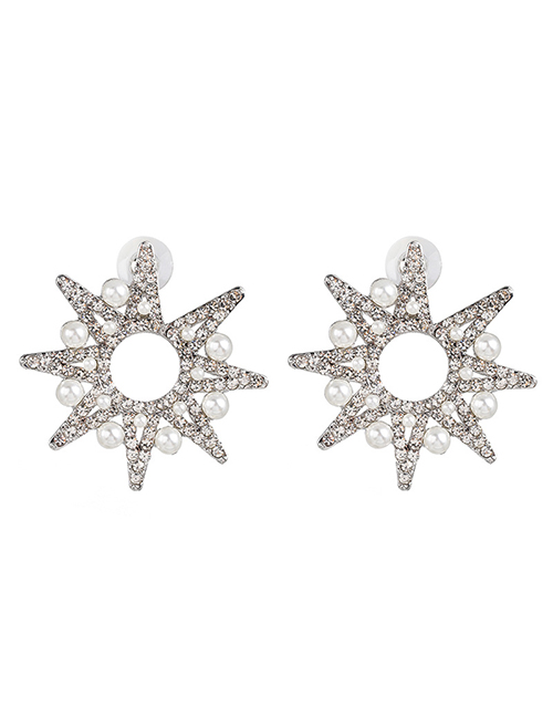 Fashion Silver Geometric Diamond Pearl Star Stud Earrings