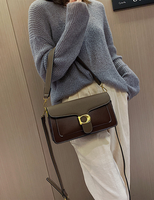 Fashion Coffee Color Contrast Stitching Crossbody Shoulder Bag