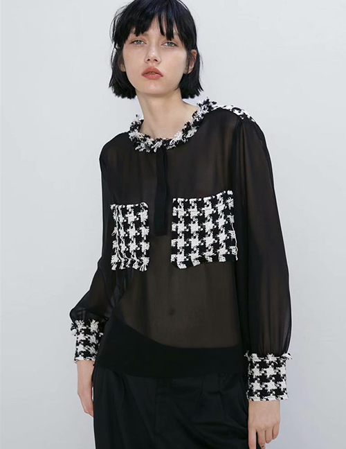 Fashion Black Tweed Stitching Shirt