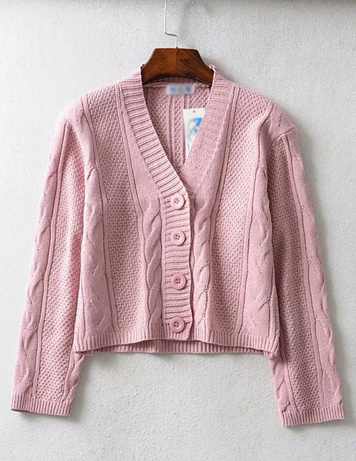 Fashion Pink Twisted V-neck Single-breasted Cardigan Sweater