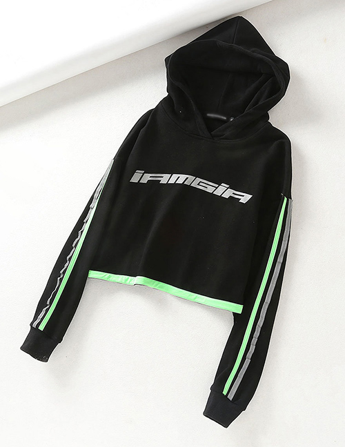 Fashion Black Green Strip Splicing Contrast Hooded Reflective Sweater