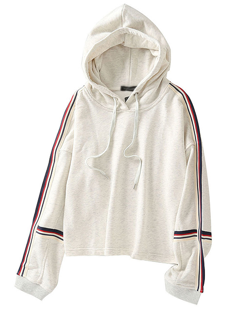 Fashion White Splicing Contrast Hooded Striped Short Sweater