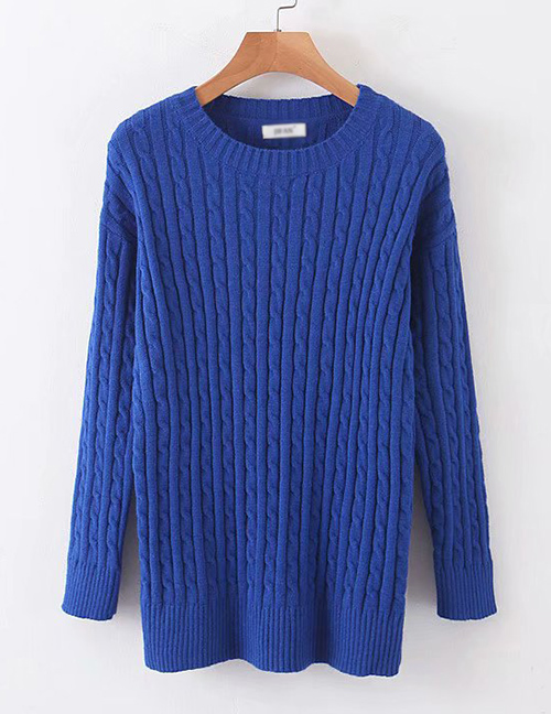 Fashion Blue Round Neck Small Twist Knit Sweater