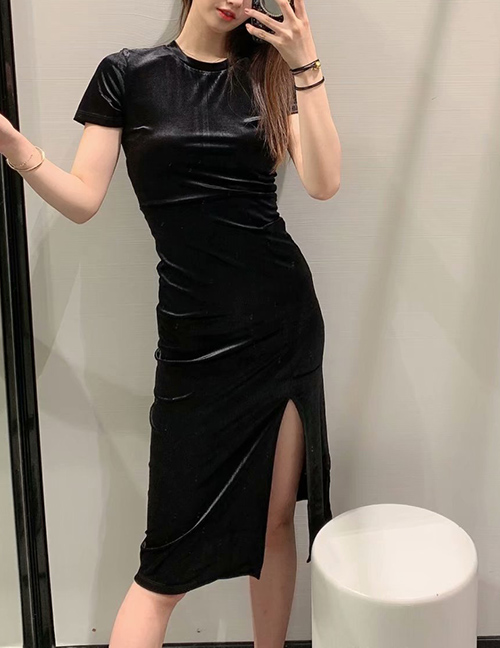 Fashion Black Velvet Split Short-sleeved Dress