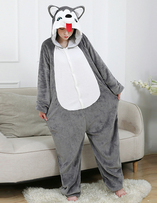 Has A Siberian Husky Flannel Cartoon One-piece Pajamas